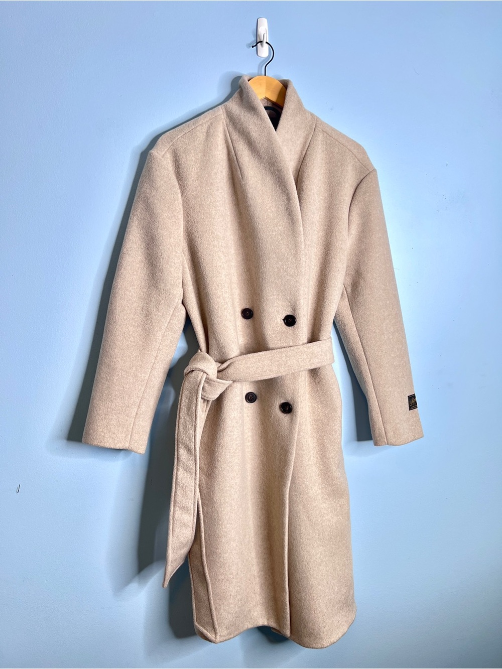 Roots Double-Breasted Wool Blend Trench Coat with Belt Cream Beige Size Large